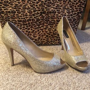 Gold sequin peep toe heels